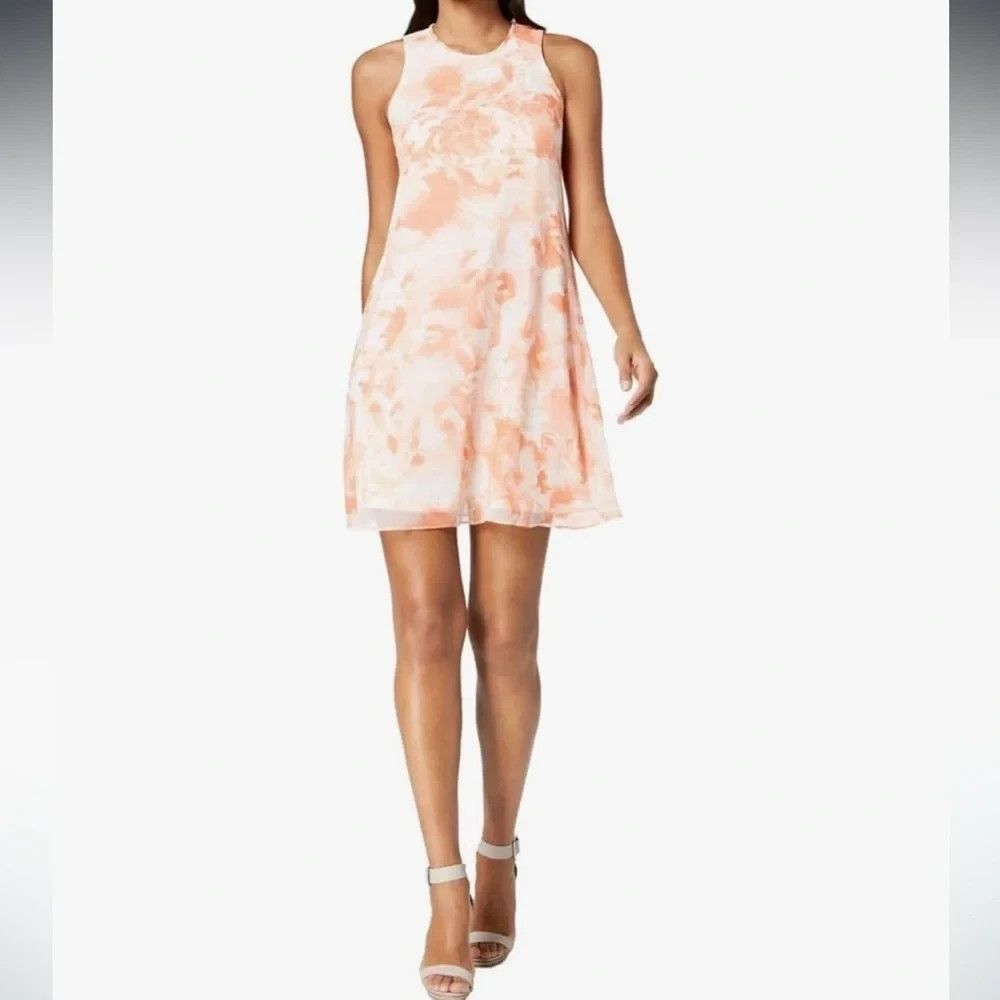 Calvin Klein Peach Floral Chiffon Flowy Shift Mini Short Dress Sz 6